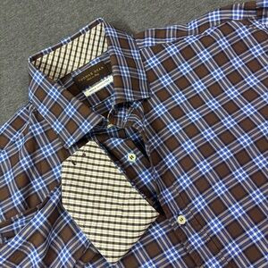 Thomas Dean‎ Men's Blue and Brown Checkered Shirt